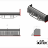 Technical drawing of a Black Venom snow plow attachment from multiple angles.