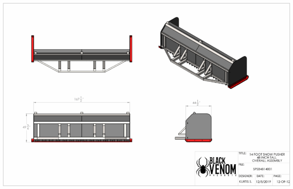 Technical drawing of a Black Venom snow plow attachment from multiple angles.