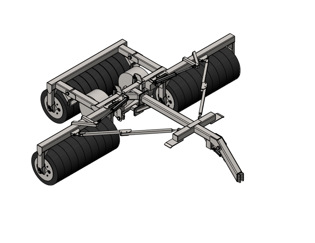 3D model of a farm implement with multiple rollers and a hitch.