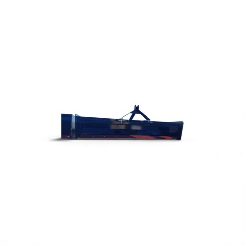 A blue plow blade with a person standing on it.