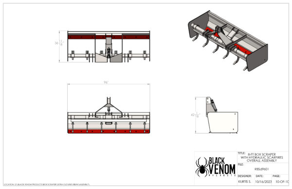 Technical drawings of a mechanical device with multiple views and a 3D model.