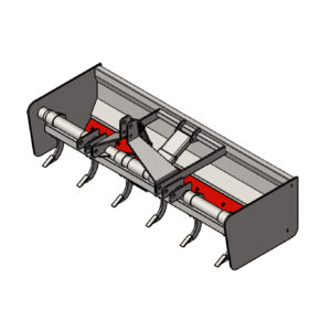 3D model of a mechanical attachment with multiple tines and a red base plate.