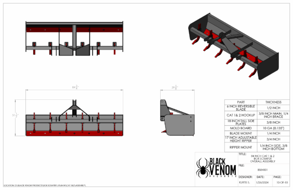 Technical drawing of a Black Venom agricultural implement attachment.