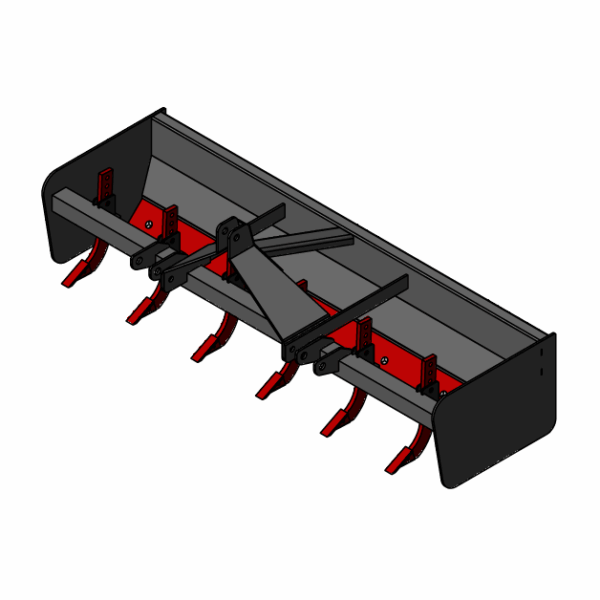 3D model of a heavy-duty agricultural attachment with tines and a bucket.