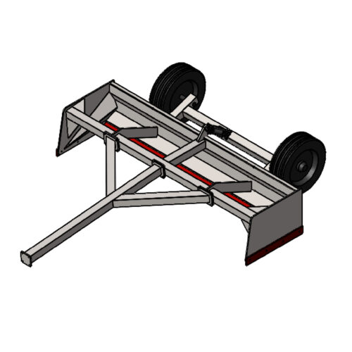 3D model of a trailer frame with wheels and hitch.
