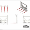 Technical drawing of a mechanical device with prongs, showing multiple views and dimensions.