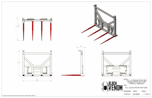 Technical drawing of a mechanical device with prongs, showing multiple views and dimensions.