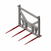 3D model of a mechanical fork attachment with four red prongs.
