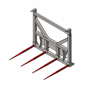 3D model of a mechanical fork attachment with four red prongs.
