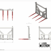 Blueprint of a mechanical grabber with red prongs, showing multiple views and details.