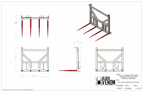 Blueprint of a mechanical grabber with red prongs, showing multiple views and details.