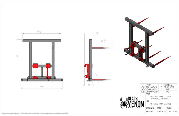 Technical drawing of a spider-themed mechanical device with red and black components.