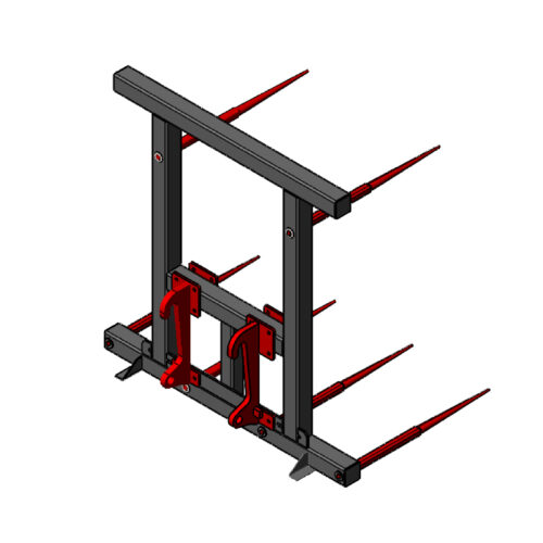 A heavy-duty pallet fork attachment for machinery with three red prongs.