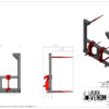 Technical drawing of a mechanical device with dimensions and red-black components.