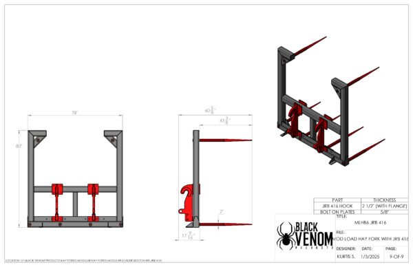 Technical drawing of a mechanical device with dimensions and red-black components.