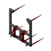 3D model of a metal forklift attachment with dual red forks.