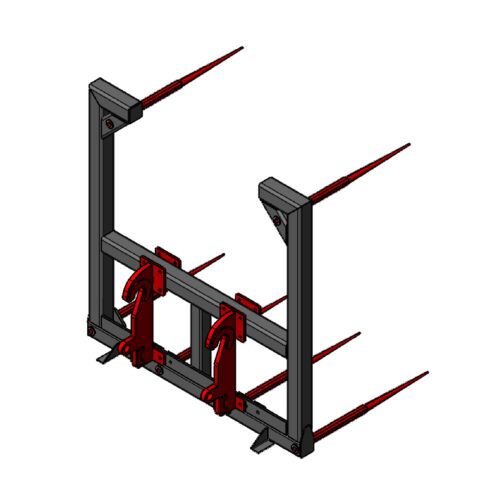 3D model of a metal forklift attachment with dual red forks.