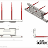 Technical drawings of a mechanical device with multiple views and dimensions.