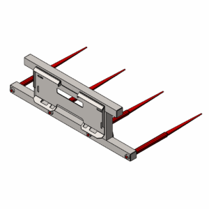 3D model of a mechanical component with red prongs and gray frame.
