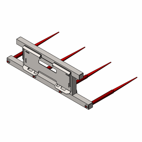 3D model of a mechanical component with red prongs and gray frame.