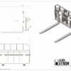 Technical drawing and 3D model of a forklift attachment for carrying pallets.
