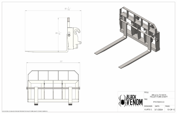 Technical drawing and 3D model of a forklift attachment for carrying pallets.