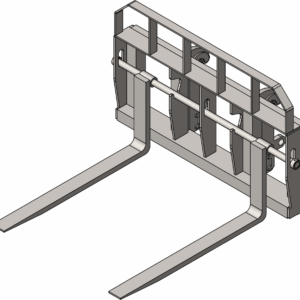 3D model of a forklift attachment with two prongs.