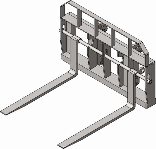 3D model of a forklift attachment with two prongs.