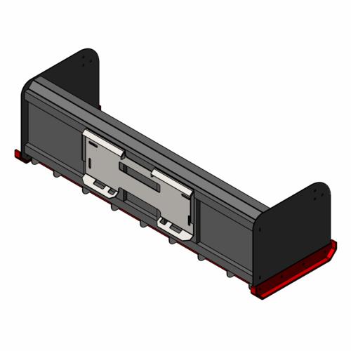 3D model of a black and red mechanical component with a flat base and vertical side panels.